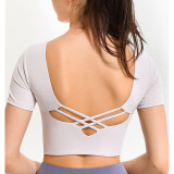 Solid Color Yoga Crop Tops Cross Back Short Sleeve Tops