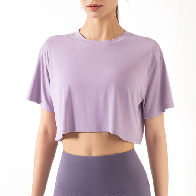 Round Neck Short Sleeve Workout Crop Tops Athletic Yoga Tops