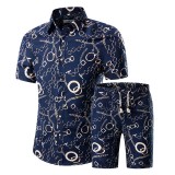 Men Casual Turndown Neck Printed Two Pieces Set
