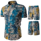 Casual Printed Short Sleeve Shirt Shorts Two Pieces Set For Men