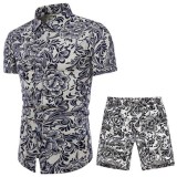 Casual Printed Short Sleeve Shirt Shorts Two Pieces Set For Men