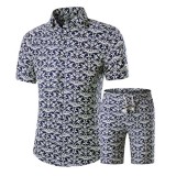Men Casual Turndown Neck Printed Two Pieces Set