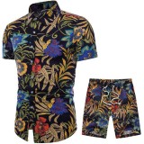 Casual Printed Short Sleeve Shirt Shorts Two Pieces Set For Men