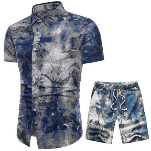 Casual Printed Short Sleeve Shirt Shorts Two Pieces Set For Men