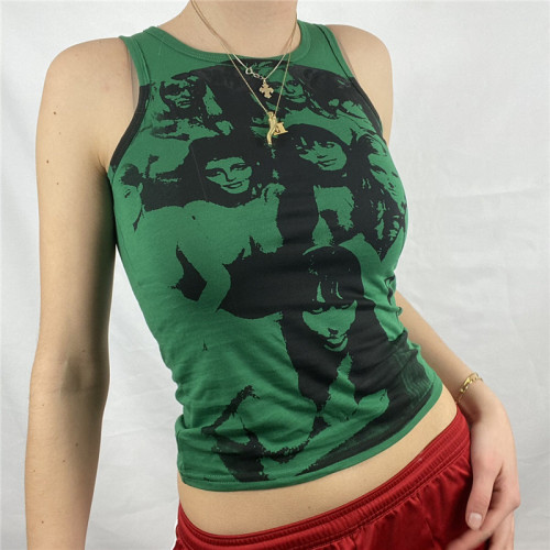 Women Printed Sleeveless Crew Neck Casual Tank Tops