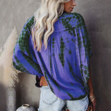 Tie Dyed V Neck Bat Sleeve Loose Casual Shirt