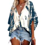 Tie Dyed V Neck Bat Sleeve Loose Casual Shirt