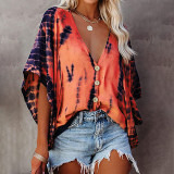 Tie Dyed V Neck Bat Sleeve Loose Casual Shirt