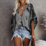 Tie Dyed V Neck Bat Sleeve Loose Casual Shirt