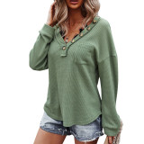 Womens V Neck Waffle Knit Long Sleeve Button Pullover Tops