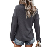 Womens V Neck Waffle Knit Long Sleeve Button Pullover Tops