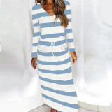 Striped Printed V-neck Loose Long Sleeve Maxi Dress