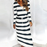 Striped Printed V-neck Loose Long Sleeve Maxi Dress
