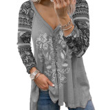 Floral Print V-neck Pullover Long Sleeve Loose T-shirt Top
