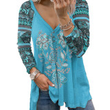 Floral Print V-neck Pullover Long Sleeve Loose T-shirt Top