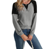 Waffle Sweater Round Neck Stitching Long Sleeve Top