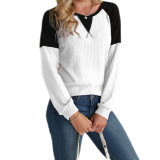 Waffle Sweater Round Neck Stitching Long Sleeve Top