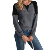 Waffle Sweater Round Neck Stitching Long Sleeve Top