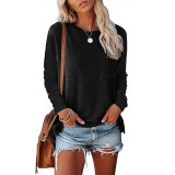 Solid O Neck Pocket Long Sleeve Casual Loose Top T-shirt