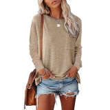 Solid O Neck Pocket Long Sleeve Casual Loose Top T-shirt