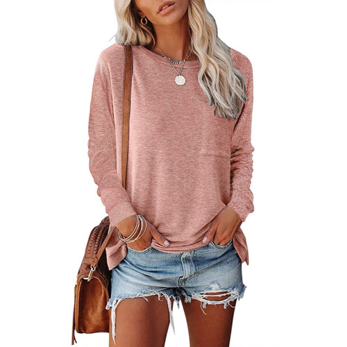 Solid O Neck Pocket Long Sleeve Casual Loose Top T-shirt