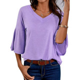 Casual V Neck Trumpet Sleeves T-shirt