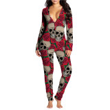 Halloween Sexy Deep V Neck Printed One-piece Jumpsuit