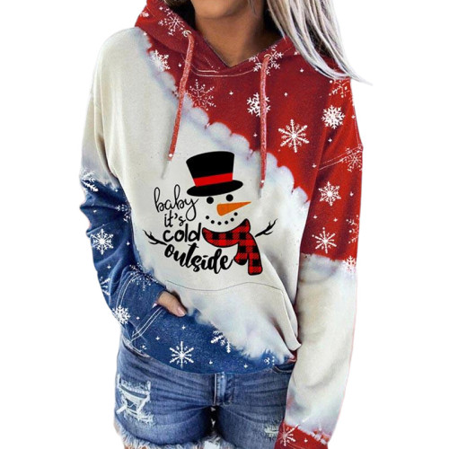 Christmas Snowman Print Hooded Long Sleeve Tops