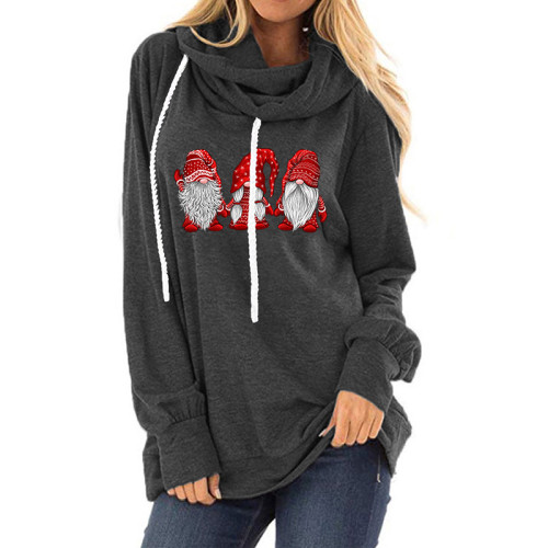 Santa Print Drawstring Hooded Long Sleeve T-shirt