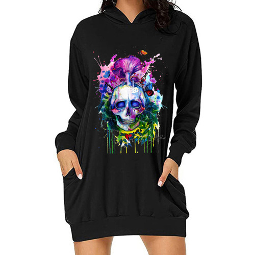 Halloween Skull Print Fashion Hooded Dress