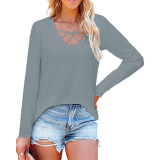 V-Neck Casual Solid Loose Long Sleeve T-Shirt