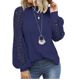 Solid Color Round Neck Long Sleeve Lace Loose Tops