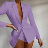 Women Solid Color Blazer Two Piece Outfits Short Set
