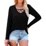 V-Neck Casual Solid Loose Long Sleeve T-Shirt