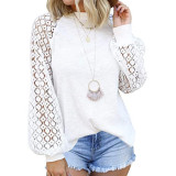 Solid Color Round Neck Long Sleeve Lace Loose Tops