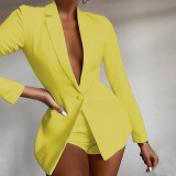 Women Solid Color Blazer Two Piece Outfits Short Set
