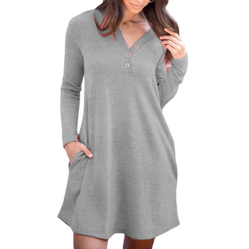 Pocket Button Solid Loose Long Sleeve Dress
