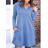 Pocket Button Solid Loose Long Sleeve Dress