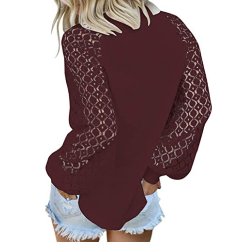 Solid Color Round Neck Long Sleeve Lace Loose Tops