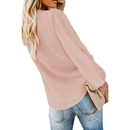 Lace Long Sleeve V-neck Solid Color Loose Tops