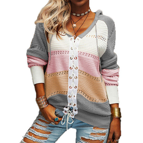 Lace-up Sweater Long Sleeve Color Block Hoodie Sweatshirt