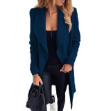 Solid Color Long Sleeve Lapel Cardigan Midi Trench Coat
