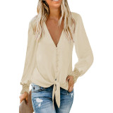 Lace Long Sleeve V-neck Solid Color Loose Tops