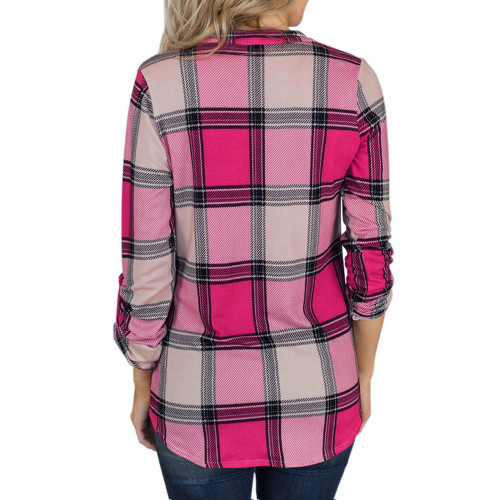 Women V Neck Plaid Long Sleeve Tops