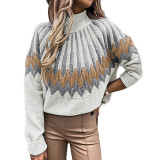 Fashion Printed High Neck Long Sleeve Casual Knit Sweater