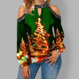 Plus Size Off Shoulder Printed Christmas Tops