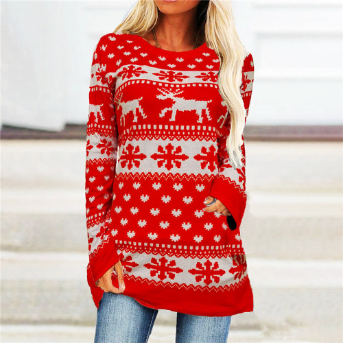 Women Elk Snowflake Printed Christmas T Shirt