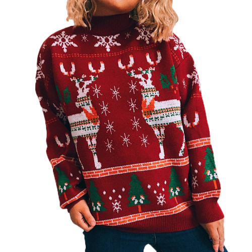 Christmas Elk Print Knitted Sweater Pullover