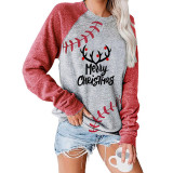 Merry Christmas Pattern Printed Long Sleeve Stitching Tops