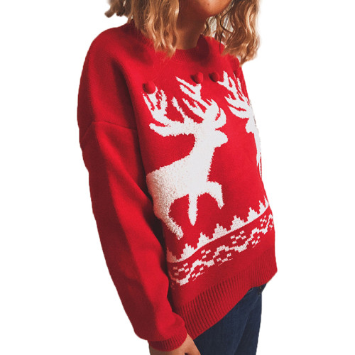 Christmas Elk Sweater Round Neck Long Sleeve Knitted Pullover